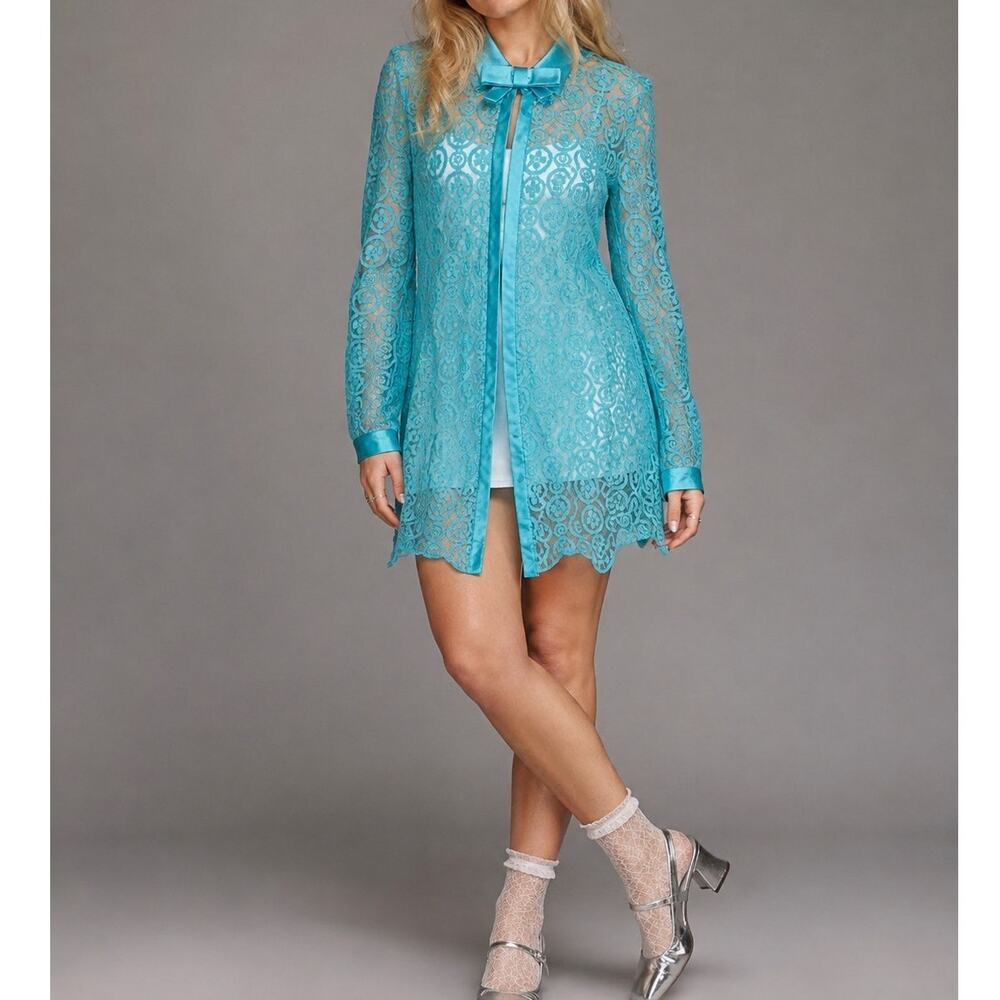 Vintage 60s Sheer Lace Duster Duster Open Front Aqua Blue Womens S/M Coquette